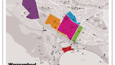 Map showing eight parking precincts in Warrnambool.